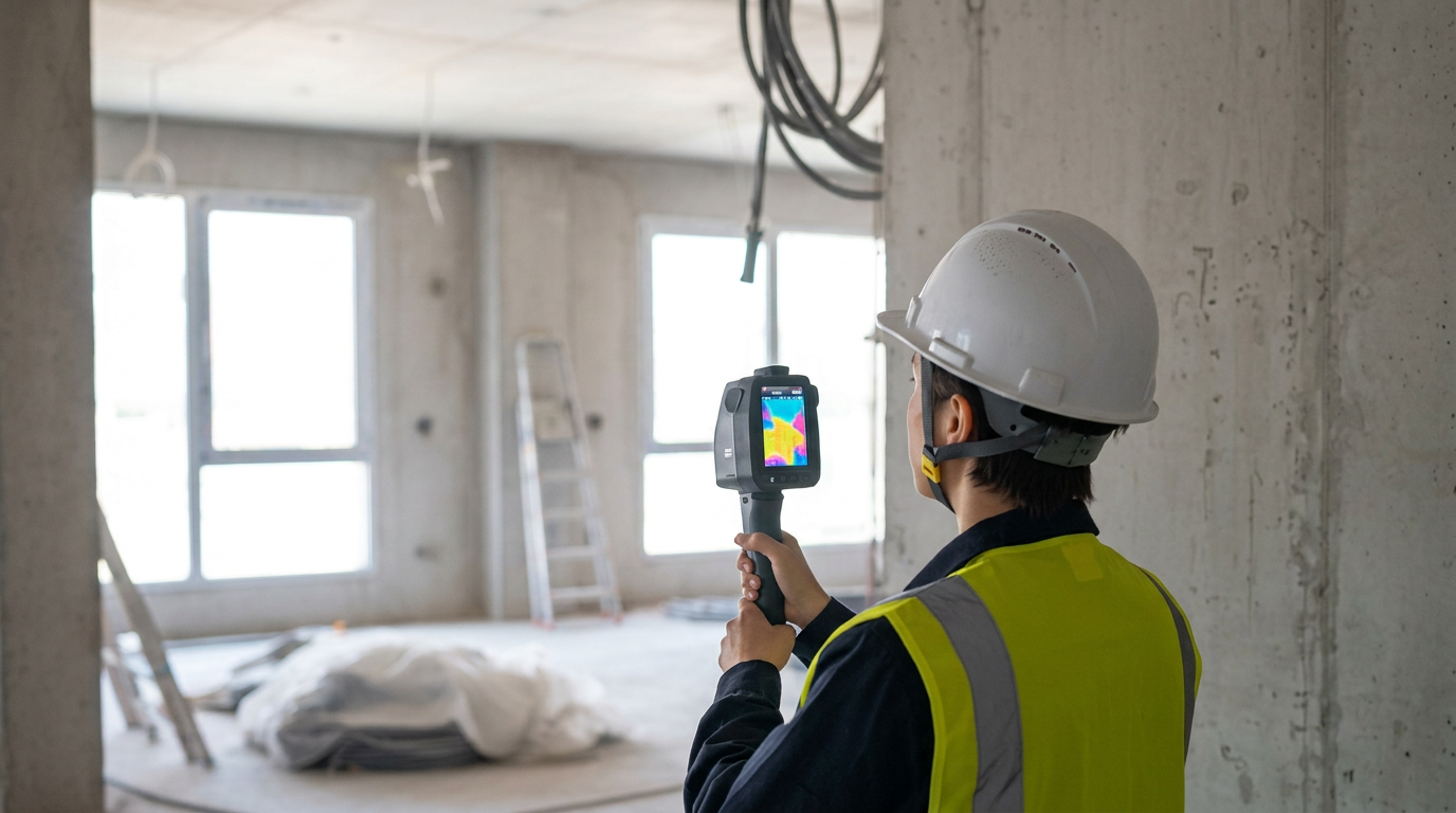 Tecnico con casco e gilet alta visibilità utilizza una termocamera in un cantiere edile