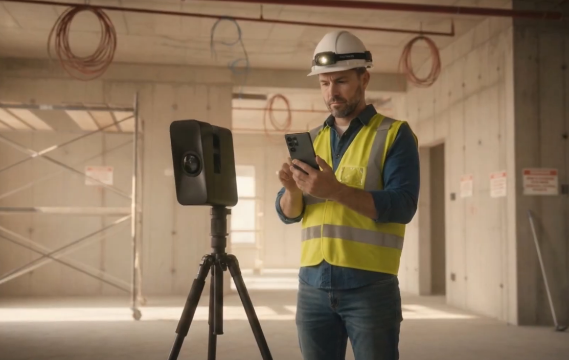 Operatore Analist Group durante una scansione 3D con Matterport Pro3 in ambiente ufficio